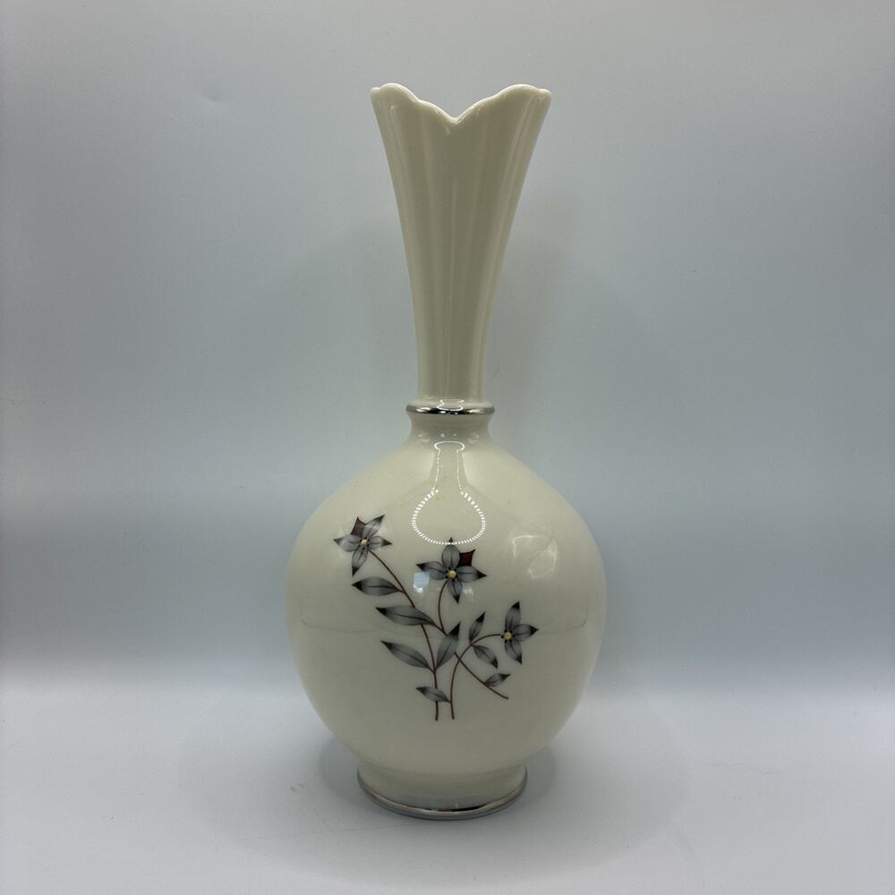 Lenox Kingsley Bulbous Bud Vase Procelain Floral Platinum Trim Green Stamp VTG